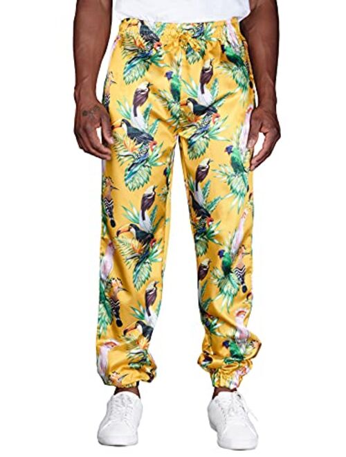 Mad Engine mens Tropical Birds of Paradise Gold Satin Lounge Sleep Pants