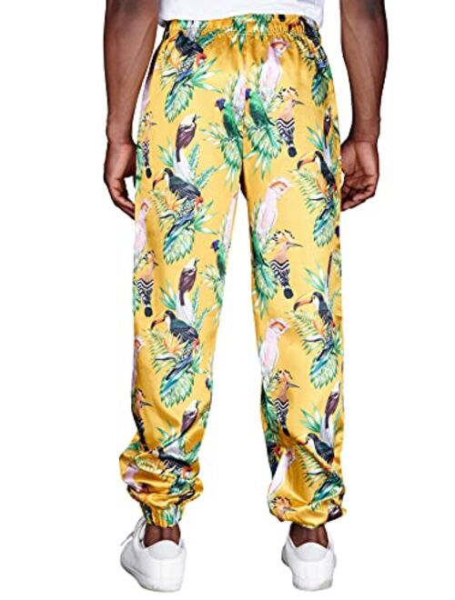 Mad Engine mens Tropical Birds of Paradise Gold Satin Lounge Sleep Pants