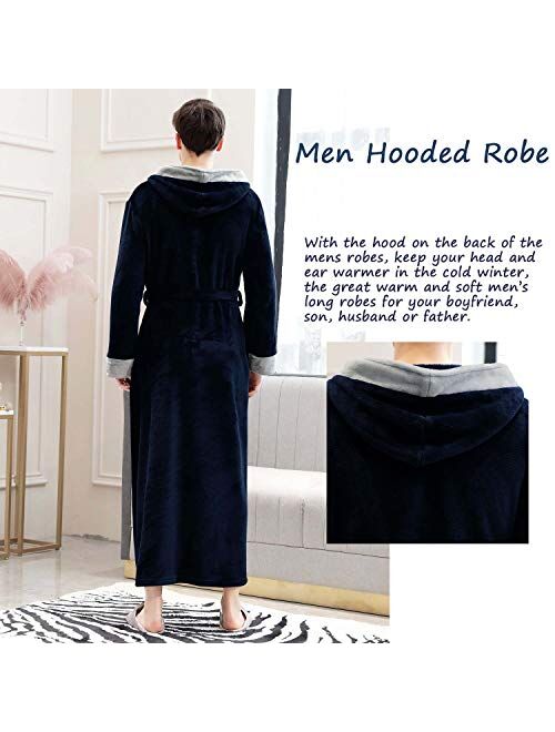 Hellomamma Mens Long Robes with Hood Full Length Hooded Bathrobe Fleece Plush Fluffy Housecoat Nightgown