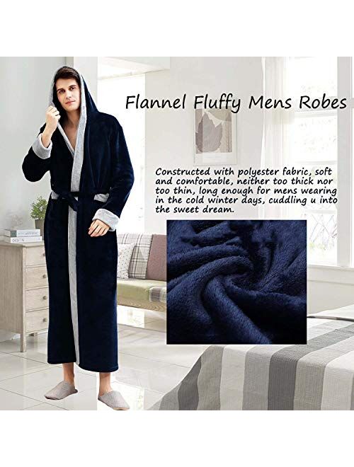 Hellomamma Mens Long Robes with Hood Full Length Hooded Bathrobe Fleece Plush Fluffy Housecoat Nightgown