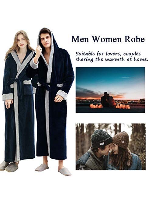 Hellomamma Mens Long Robes with Hood Full Length Hooded Bathrobe Fleece Plush Fluffy Housecoat Nightgown