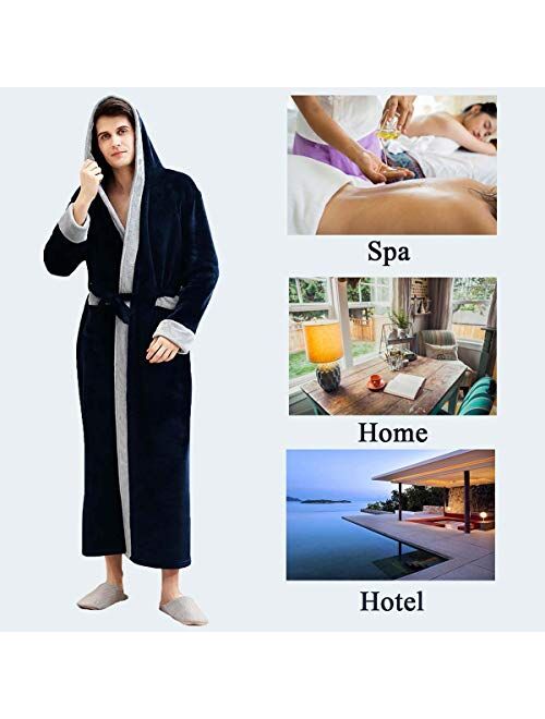 Hellomamma Mens Long Robes with Hood Full Length Hooded Bathrobe Fleece Plush Fluffy Housecoat Nightgown