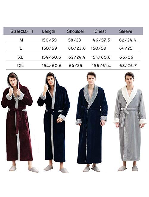 Hellomamma Mens Long Robes with Hood Full Length Hooded Bathrobe Fleece Plush Fluffy Housecoat Nightgown