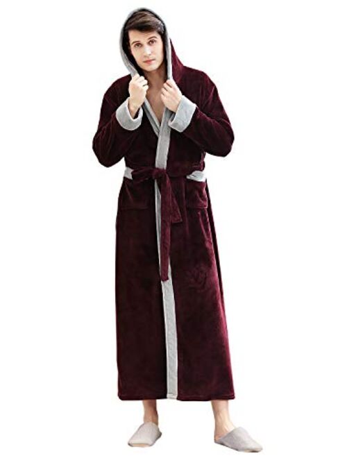 Hellomamma Mens Long Robes with Hood Full Length Hooded Bathrobe Fleece Plush Fluffy Housecoat Nightgown