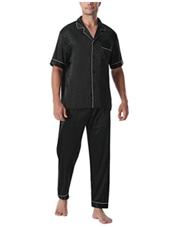 ninovino Men's Satin Pajamas Set Woven Short Sleeve with Shorts Button-Down Classic Sleepwear Loungwear