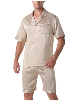 ninovino Men's Satin Pajamas Set Woven Short Sleeve with Shorts Button-Down Classic Sleepwear Loungwear