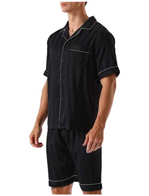 ninovino Men's Satin Pajamas Set Woven Short Sleeve with Shorts Button-Down Classic Sleepwear Loungwear