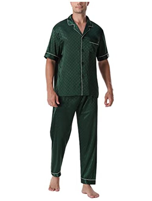 ninovino Men's Satin Pajamas Set Woven Short Sleeve with Shorts Button-Down Classic Sleepwear Loungwear