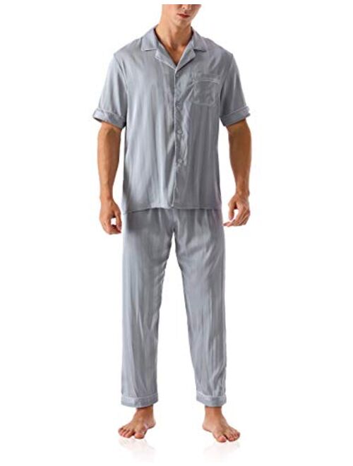 ninovino Men's Satin Pajamas Set Woven Short Sleeve with Shorts Button-Down Classic Sleepwear Loungwear