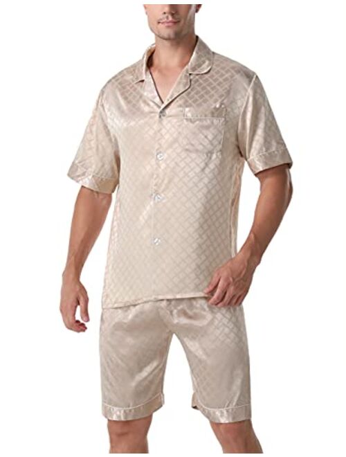 ninovino Men's Satin Pajamas Set Woven Short Sleeve with Shorts Button-Down Classic Sleepwear Loungwear