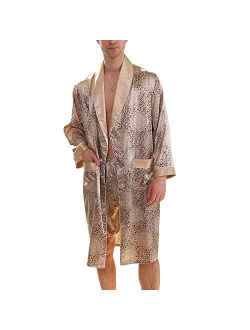 BridalAffair Men's Summer Luxurious Kimono Soft Satin Robe Long-Sleeve Nightgown Printed Pajamas Bathrobes