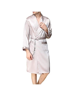 BridalAffair Men's Summer Luxurious Kimono Soft Satin Robe Long-Sleeve Nightgown Printed Pajamas Bathrobes