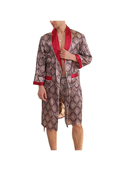 BridalAffair Men's Summer Luxurious Kimono Soft Satin Robe Long-Sleeve Nightgown Printed Pajamas Bathrobes