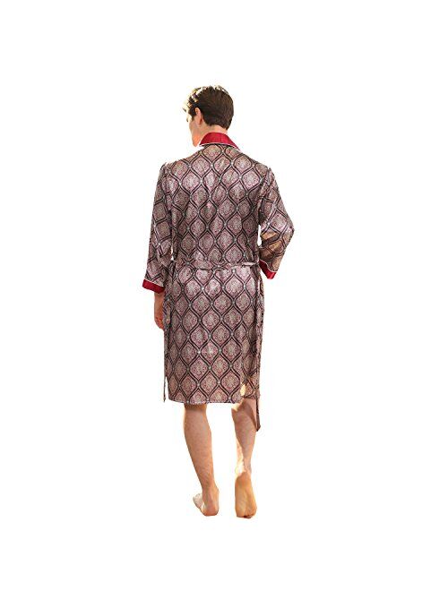 BridalAffair Men's Summer Luxurious Kimono Soft Satin Robe Long-Sleeve Nightgown Printed Pajamas Bathrobes