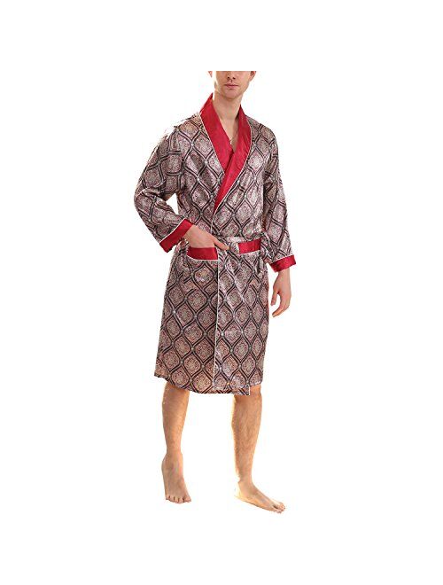 BridalAffair Men's Summer Luxurious Kimono Soft Satin Robe Long-Sleeve Nightgown Printed Pajamas Bathrobes