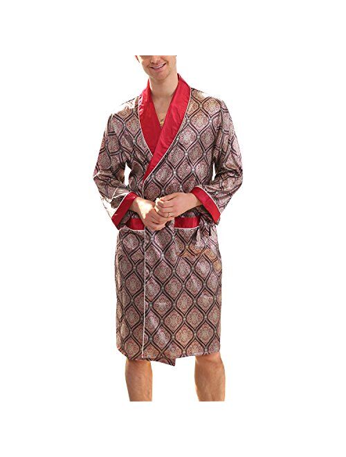 BridalAffair Men's Summer Luxurious Kimono Soft Satin Robe Long-Sleeve Nightgown Printed Pajamas Bathrobes