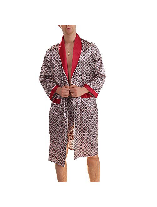 BridalAffair Men's Summer Luxurious Kimono Soft Satin Robe Long-Sleeve Nightgown Printed Pajamas Bathrobes