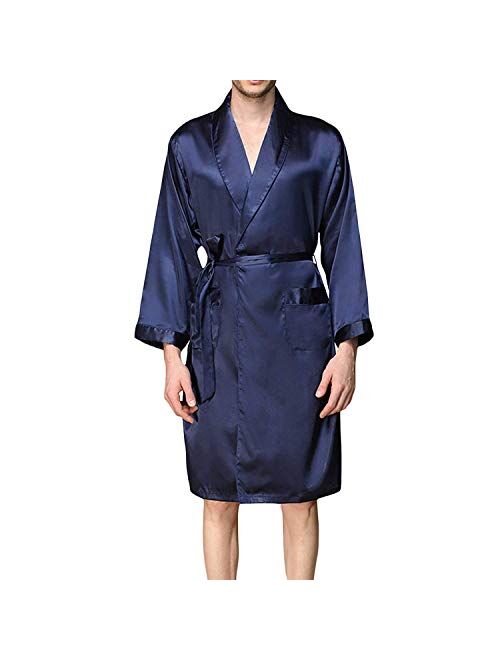 BridalAffair Men's Summer Luxurious Kimono Soft Satin Robe Long-Sleeve Nightgown Printed Pajamas Bathrobes