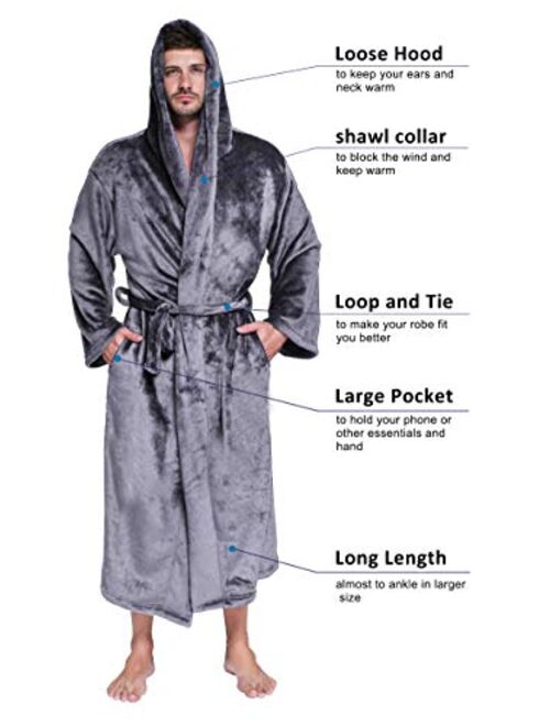 Whoyun Mens Robe Plush with Hood Bathrobe Big and Tall Hooded Lightweight Fleece Flannel