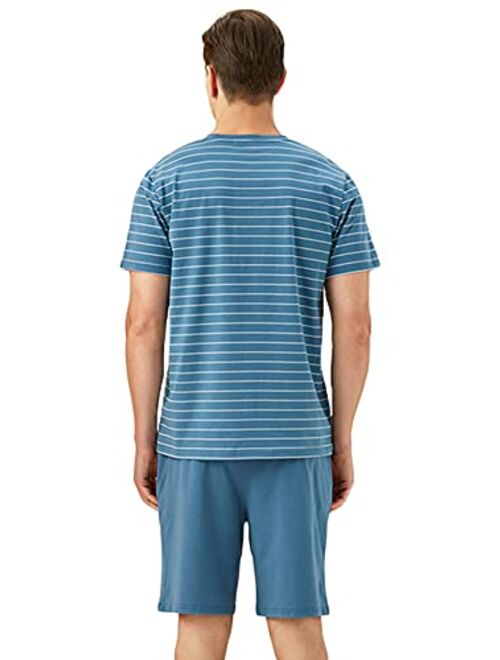 Qianxiu Men's Pajama Set Mens Cotton Striped Pjs Set for Men Classic Short Sleeve Sleepwear for Loose Casual Pyjamas