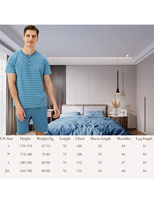 Qianxiu Men's Pajama Set Mens Cotton Striped Pjs Set for Men Classic Short Sleeve Sleepwear for Loose Casual Pyjamas