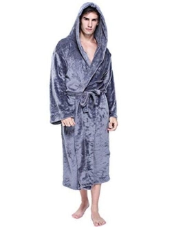 VERNASSA Mens Fleece Robe, Long Hooded Bathrobe Sleepwear