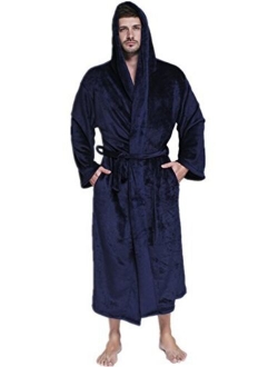 VERNASSA Mens Fleece Robe, Long Hooded Bathrobe Sleepwear