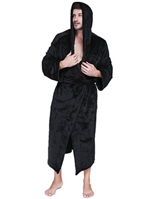 VERNASSA Mens Fleece Robe, Long Hooded Bathrobe Sleepwear