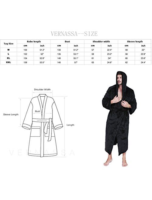 VERNASSA Mens Fleece Robe, Long Hooded Bathrobe Sleepwear