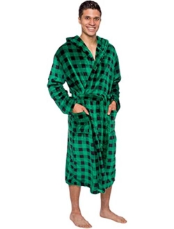 Mens Robe with Hood - Mid Length - Buffalo Plaid Plush Fleece Bathrobe