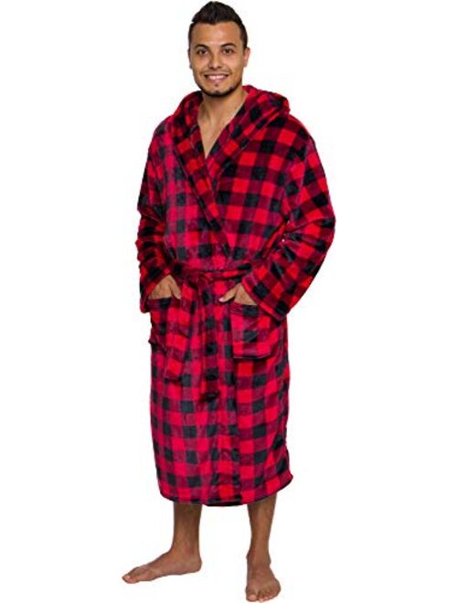 Ross Michaels Mens Robe with Hood - Mid Length - Buffalo Plaid Plush Fleece Bathrobe