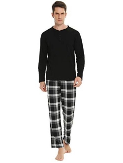 Vlazom Men's Long Sleeve Pajama Sets Cotton Pj's Sets Solid Tee and Plaid Fleece Pant Sleep Set for Loungewear Sleepwear