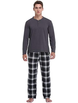 Vlazom Men's Long Sleeve Pajama Sets Cotton Pj's Sets Solid Tee and Plaid Fleece Pant Sleep Set for Loungewear Sleepwear