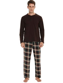 Vlazom Men's Long Sleeve Pajama Sets Cotton Pj's Sets Solid Tee and Plaid Fleece Pant Sleep Set for Loungewear Sleepwear