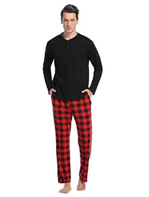 Vlazom Men's Long Sleeve Pajama Sets Cotton Pj's Sets Solid Tee and Plaid Fleece Pant Sleep Set for Loungewear Sleepwear