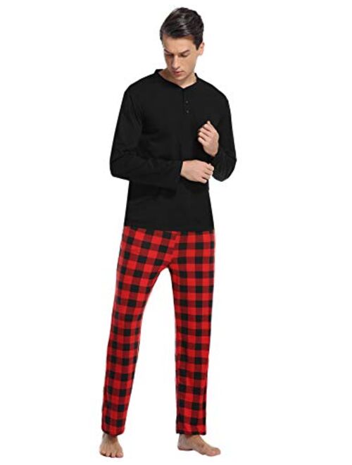 Vlazom Men's Long Sleeve Pajama Sets Cotton Pj's Sets Solid Tee and Plaid Fleece Pant Sleep Set for Loungewear Sleepwear