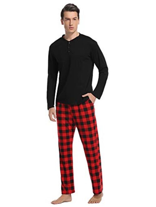 Vlazom Men's Long Sleeve Pajama Sets Cotton Pj's Sets Solid Tee and Plaid Fleece Pant Sleep Set for Loungewear Sleepwear