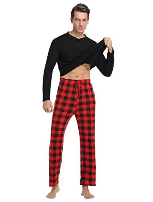 Vlazom Men's Long Sleeve Pajama Sets Cotton Pj's Sets Solid Tee and Plaid Fleece Pant Sleep Set for Loungewear Sleepwear