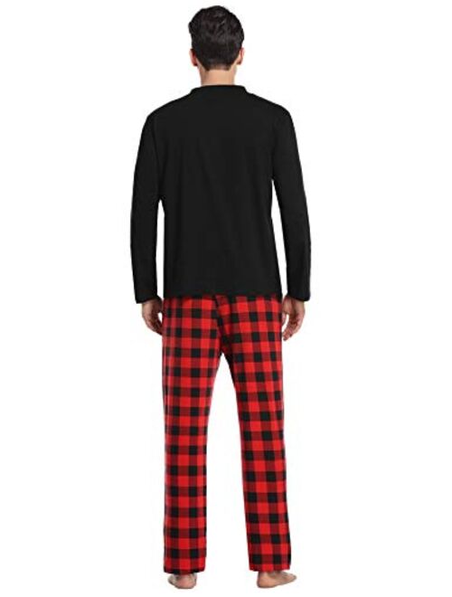 Vlazom Men's Long Sleeve Pajama Sets Cotton Pj's Sets Solid Tee and Plaid Fleece Pant Sleep Set for Loungewear Sleepwear