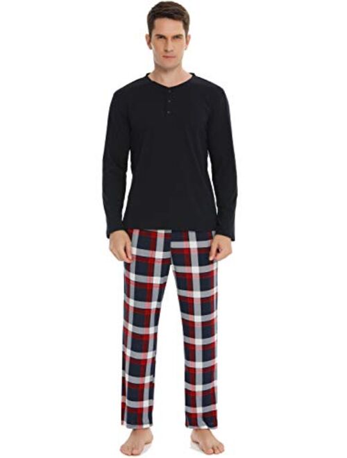 Vlazom Men's Long Sleeve Pajama Sets Cotton Pj's Sets Solid Tee and Plaid Fleece Pant Sleep Set for Loungewear Sleepwear