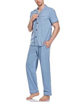 COLORFULLEAF Men's 100% Cotton Pajamas Set Button Down Sleepwear Short Sleeve and Long Pants Pjs