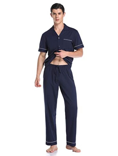 COLORFULLEAF Men's 100% Cotton Pajamas Set Button Down Sleepwear Short Sleeve and Long Pants Pjs