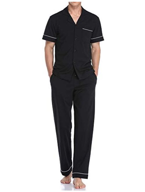 COLORFULLEAF Men's 100% Cotton Pajamas Set Button Down Sleepwear Short Sleeve and Long Pants Pjs