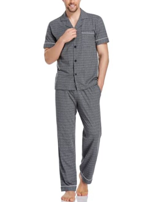 COLORFULLEAF Men's 100% Cotton Pajamas Set Button Down Sleepwear Short Sleeve and Long Pants Pjs