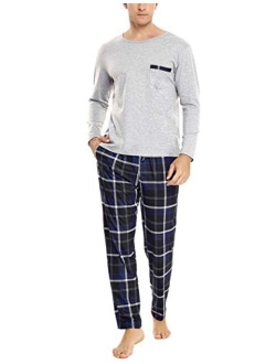 Sykooria Men's Pajamas Set Long Sleeve Plaid Loungewear Cotton Striped Sleepwear with Pockets 2 Piece Comfy Pjs Set