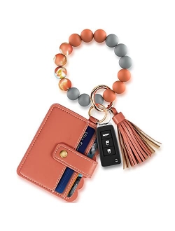 Wristlet Keychain Key Ring Bracelet: Silicone Chain Beaded Bangle Card Holder