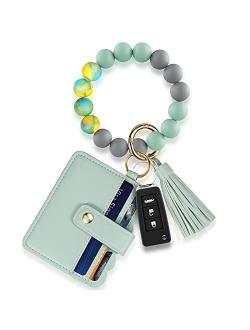 Wristlet Keychain Key Ring Bracelet: Silicone Chain Beaded Bangle Card Holder