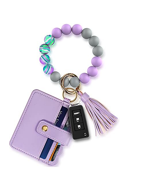 Wristlet Keychain Key Ring Bracelet: Silicone Chain Beaded Bangle Card Holder