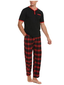 Daupanzees Men's Cotton Plaid Sleepwear Short Sleeve Top & Bottom Pajama Set