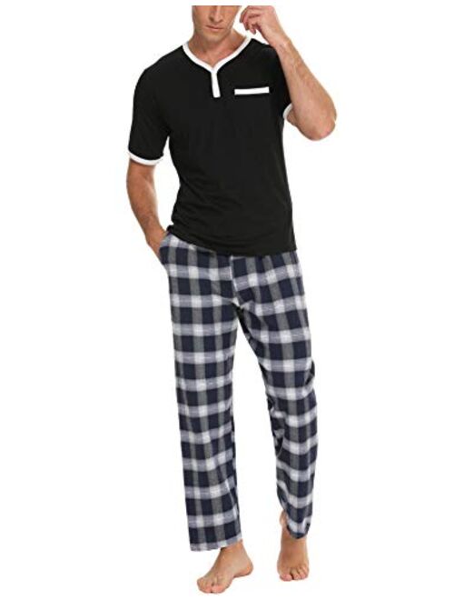 Daupanzees Men's Cotton Plaid Sleepwear Short Sleeve Top & Bottom Pajama Set